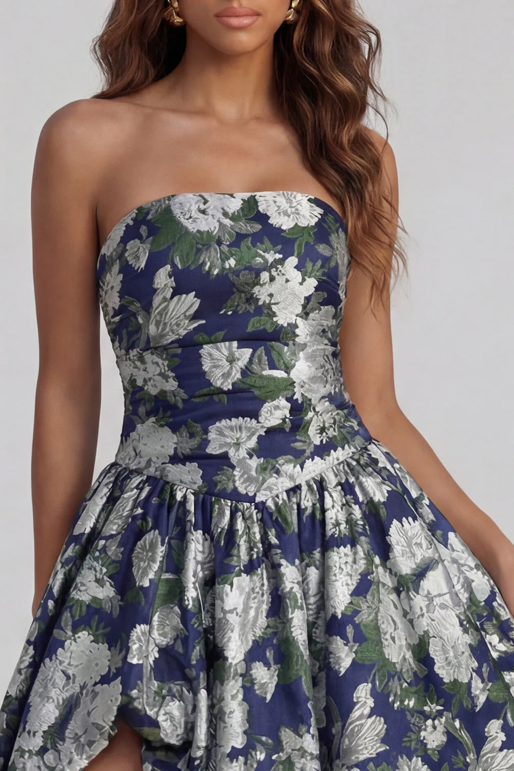 Blue Daffodil Flower Printed A-Line Strapless Midi Dress with Slit - Image 23