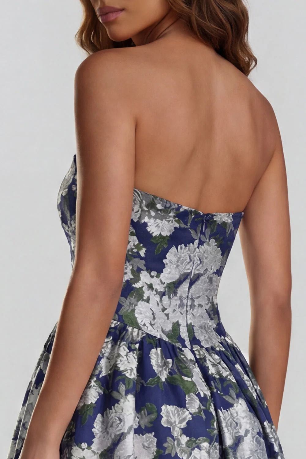 Blue Daffodil Flower Printed A-Line Strapless Midi Dress with Slit - Image 24