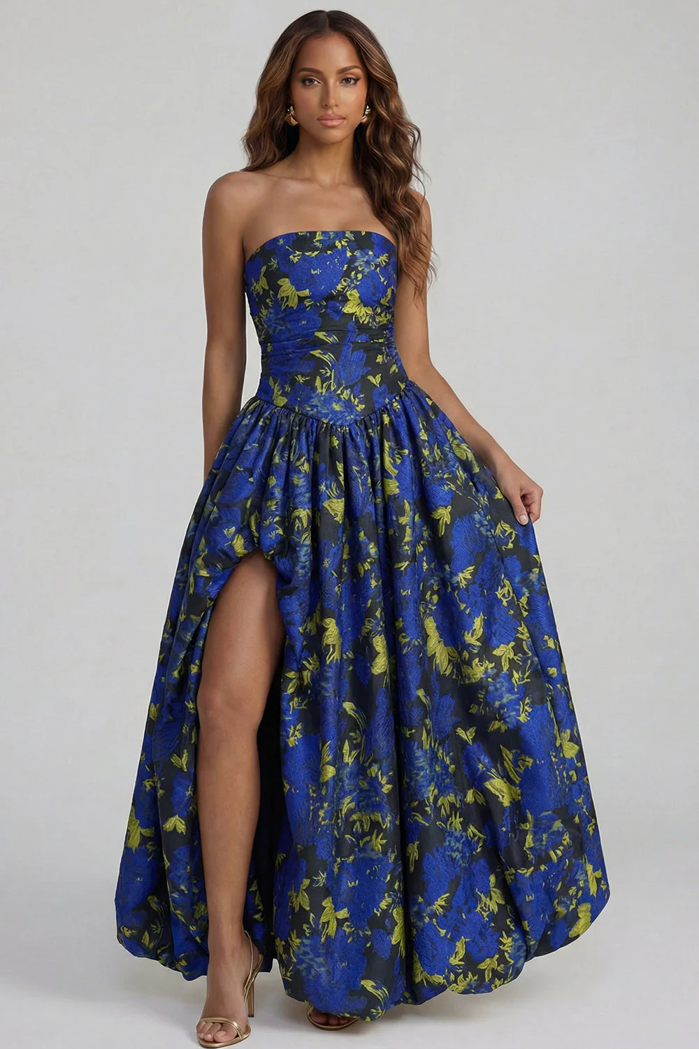 Blue Daffodil Flower Printed A-Line Strapless Midi Dress with Slit - Image 25