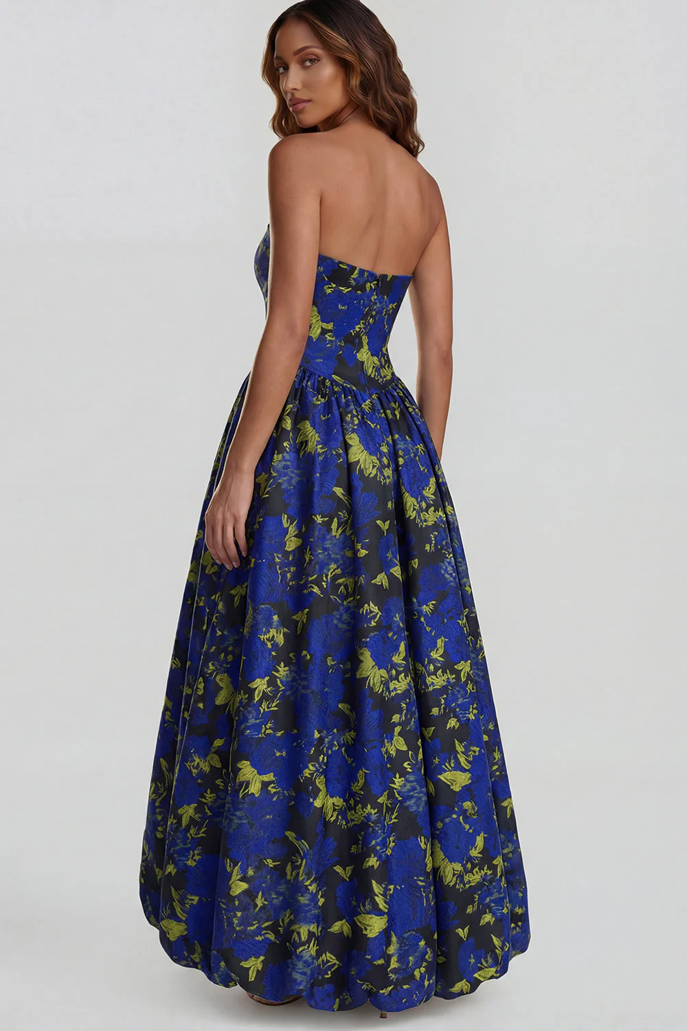 Blue Daffodil Flower Printed A-Line Strapless Midi Dress with Slit - Image 26