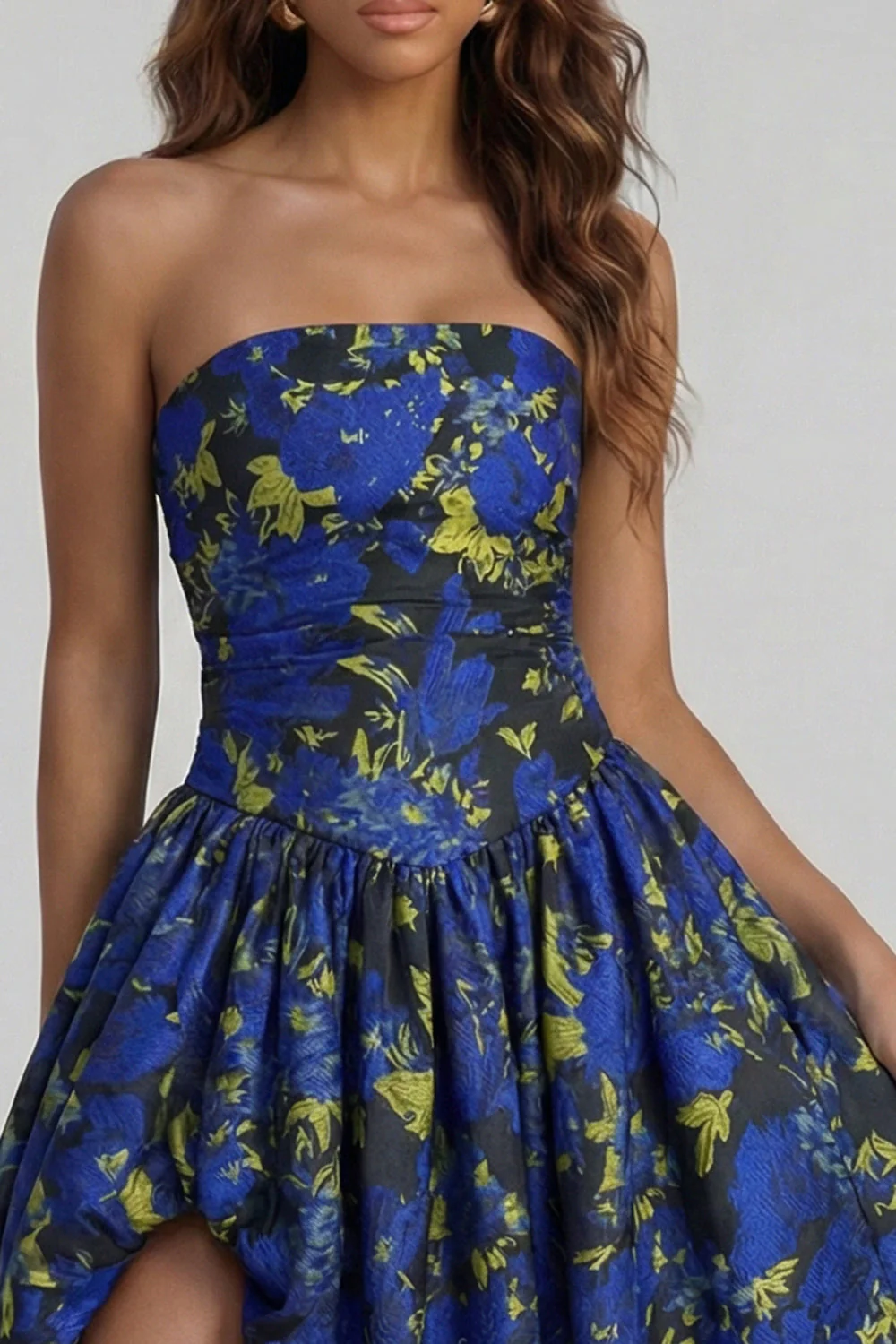 Blue Daffodil Flower Printed A-Line Strapless Midi Dress with Slit - Image 27