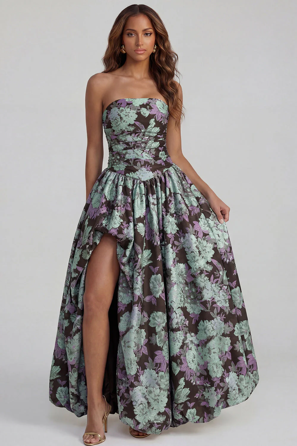 Blue Daffodil Flower Printed A-Line Strapless Midi Dress with Slit - Image 29