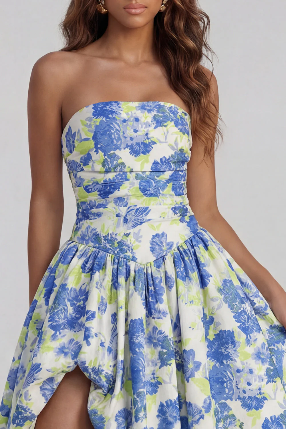 Blue Daffodil Flower Printed A-Line Strapless Midi Dress with Slit - Image 3