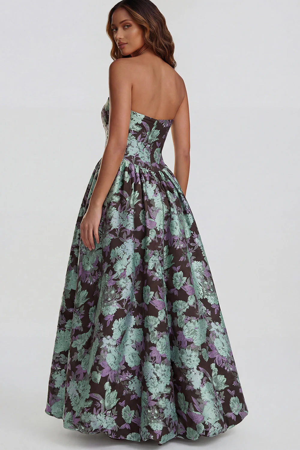 Blue Daffodil Flower Printed A-Line Strapless Midi Dress with Slit - Image 30