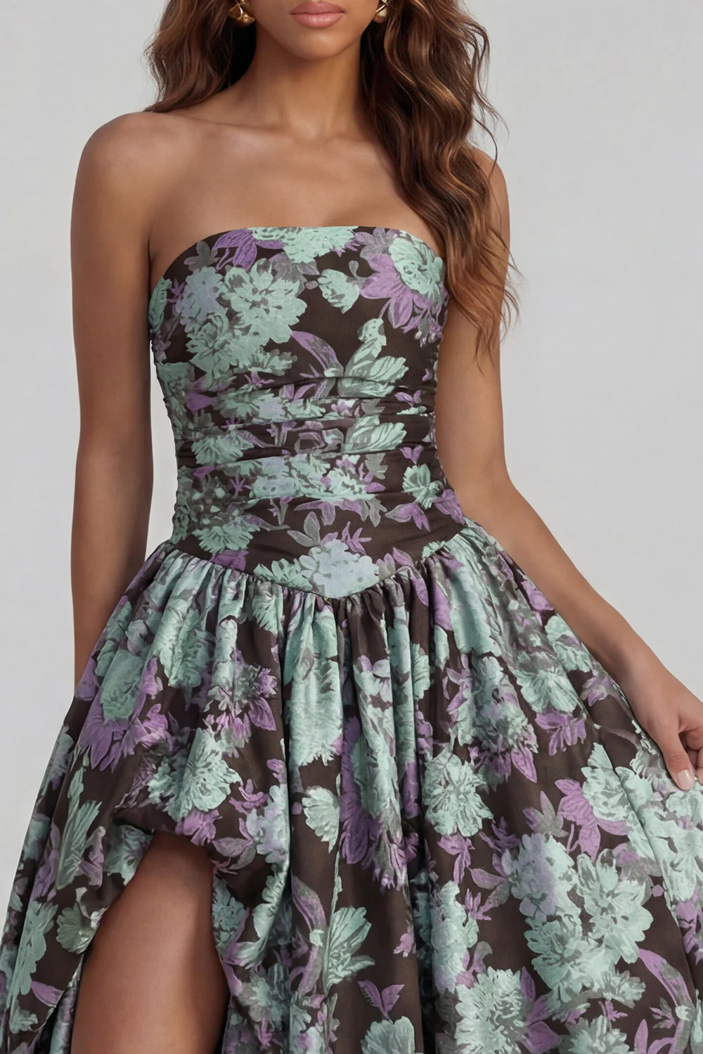 Blue Daffodil Flower Printed A-Line Strapless Midi Dress with Slit - Image 31