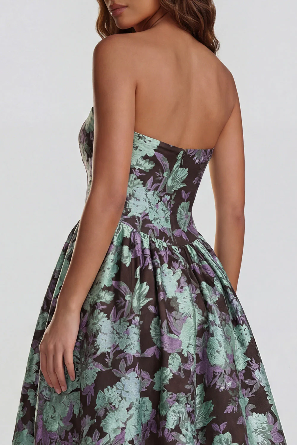 Blue Daffodil Flower Printed A-Line Strapless Midi Dress with Slit - Image 32