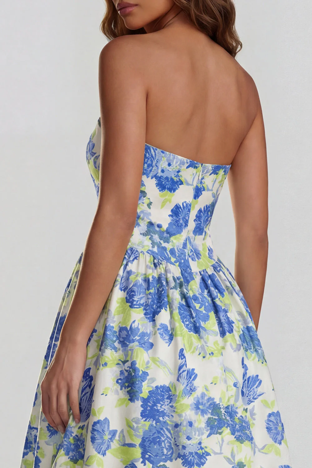 Blue Daffodil Flower Printed A-Line Strapless Midi Dress with Slit - Image 4