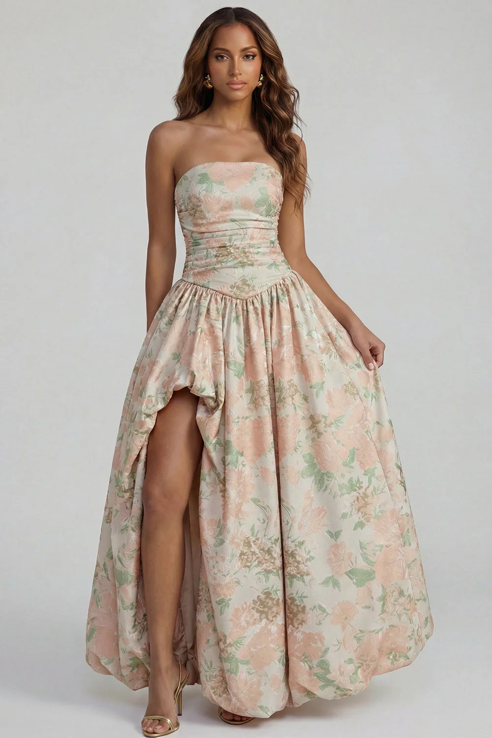 Blue Daffodil Flower Printed A-Line Strapless Midi Dress with Slit - Image 5
