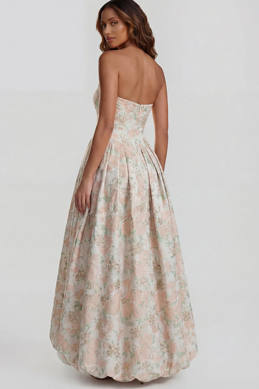 Blue Daffodil Flower Printed A-Line Strapless Midi Dress with Slit - Image 6