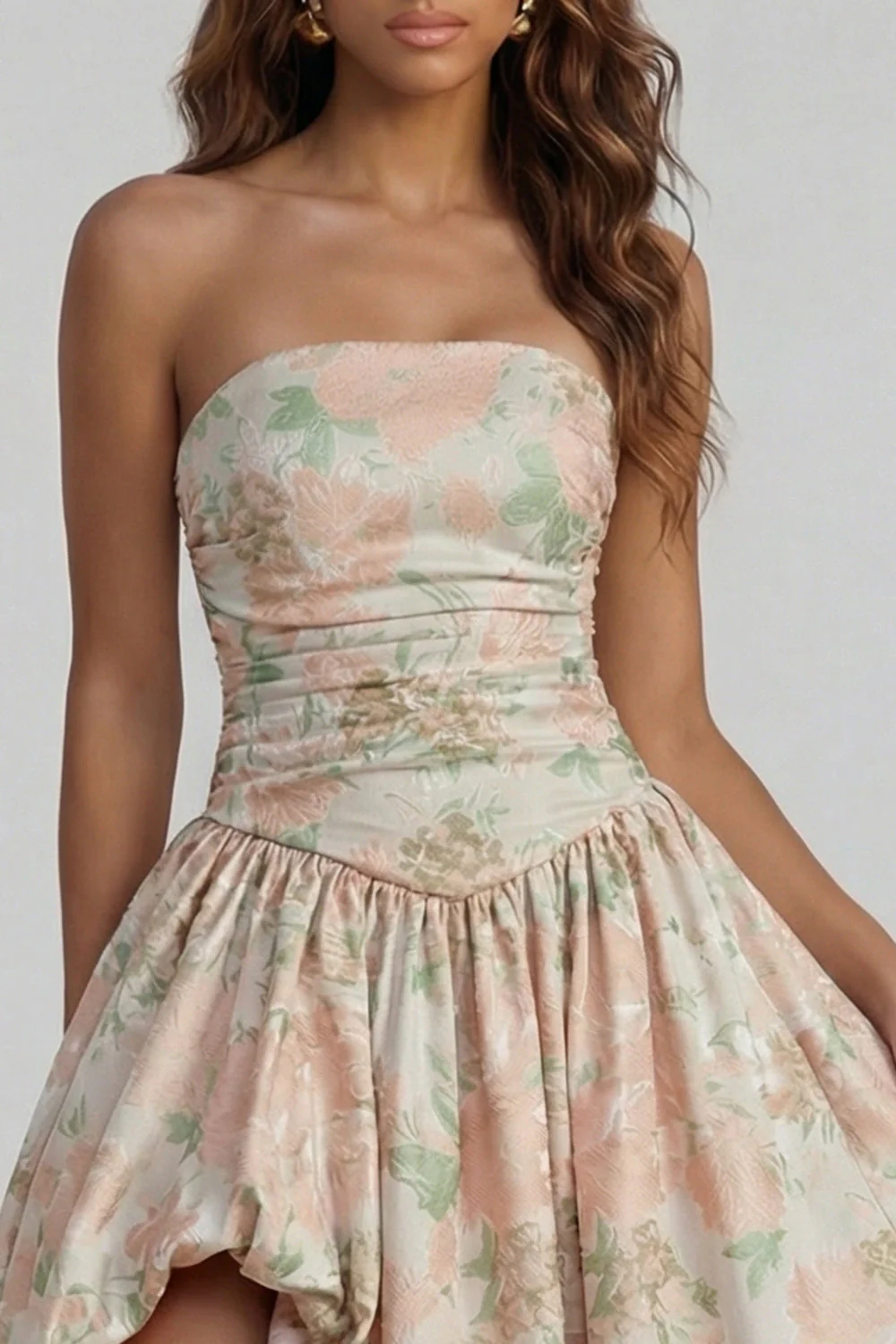 Blue Daffodil Flower Printed A-Line Strapless Midi Dress with Slit - Image 7
