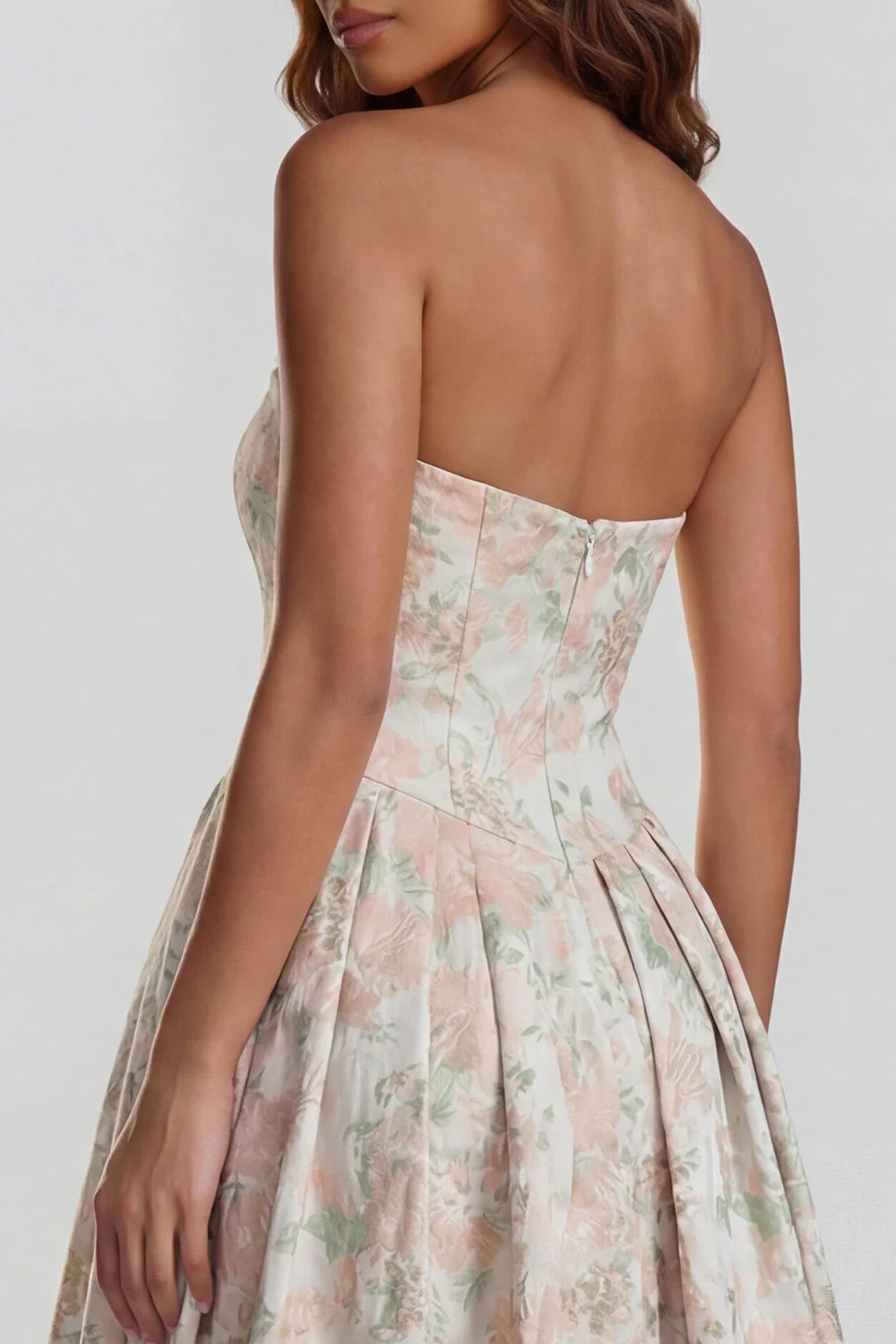 Blue Daffodil Flower Printed A-Line Strapless Midi Dress with Slit - Image 8
