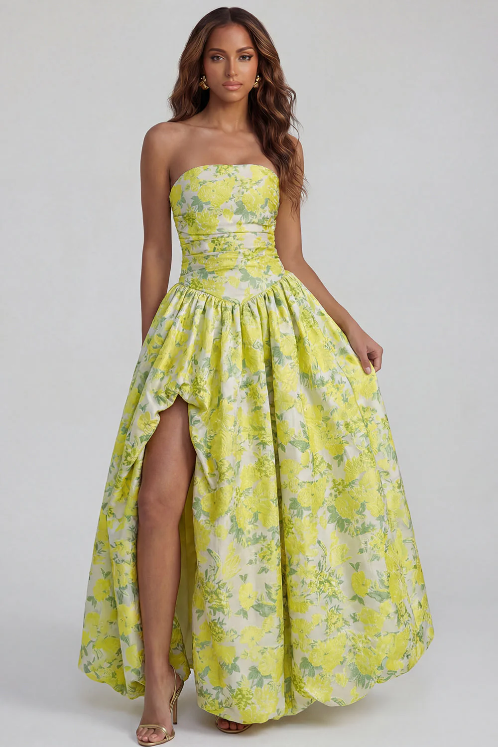 Blue Daffodil Flower Printed A-Line Strapless Midi Dress with Slit - Image 9