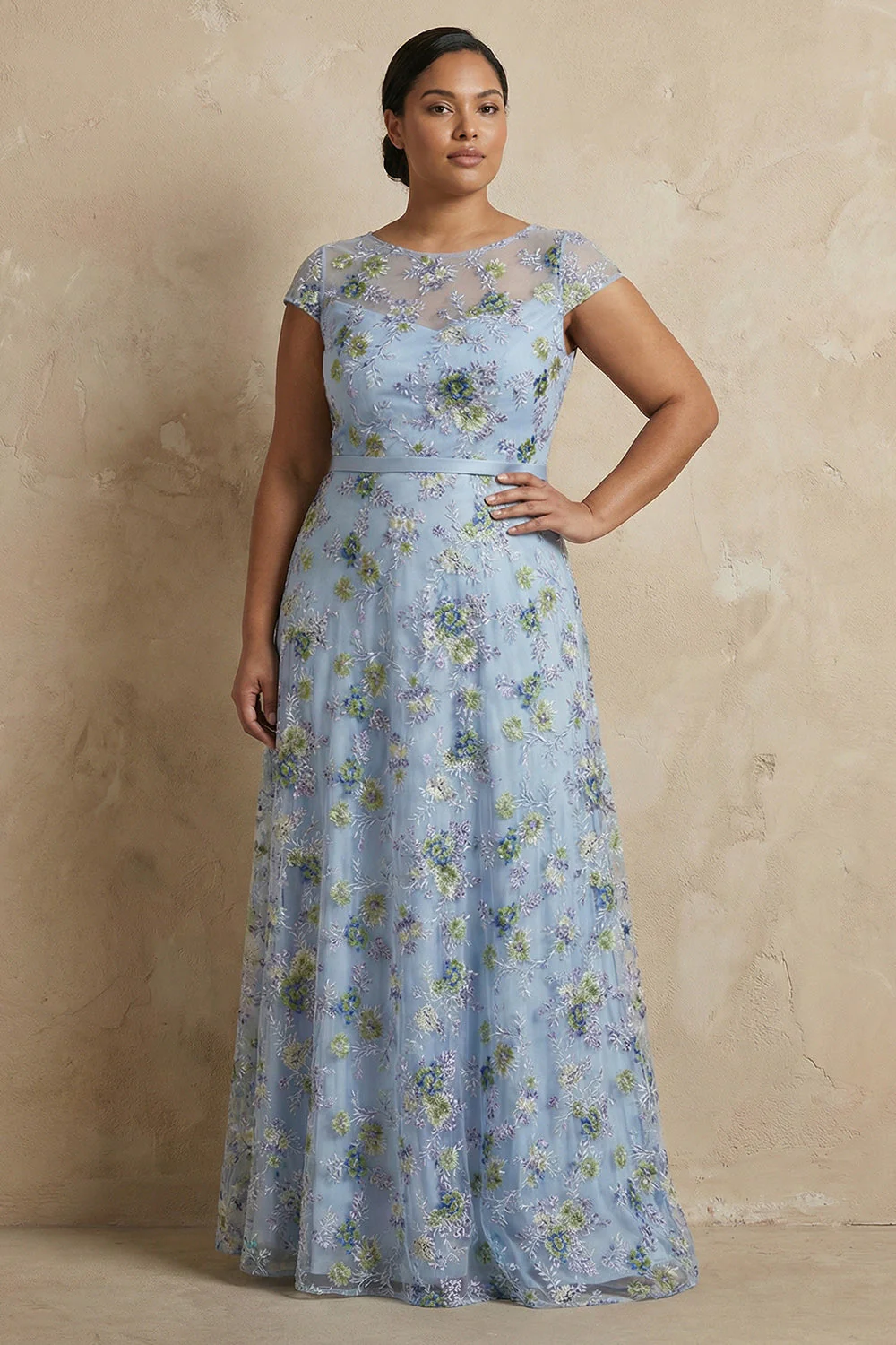 Blue Embroidered A-Line Cap Sleeves Long Mother of the Bride Dress - Image 2