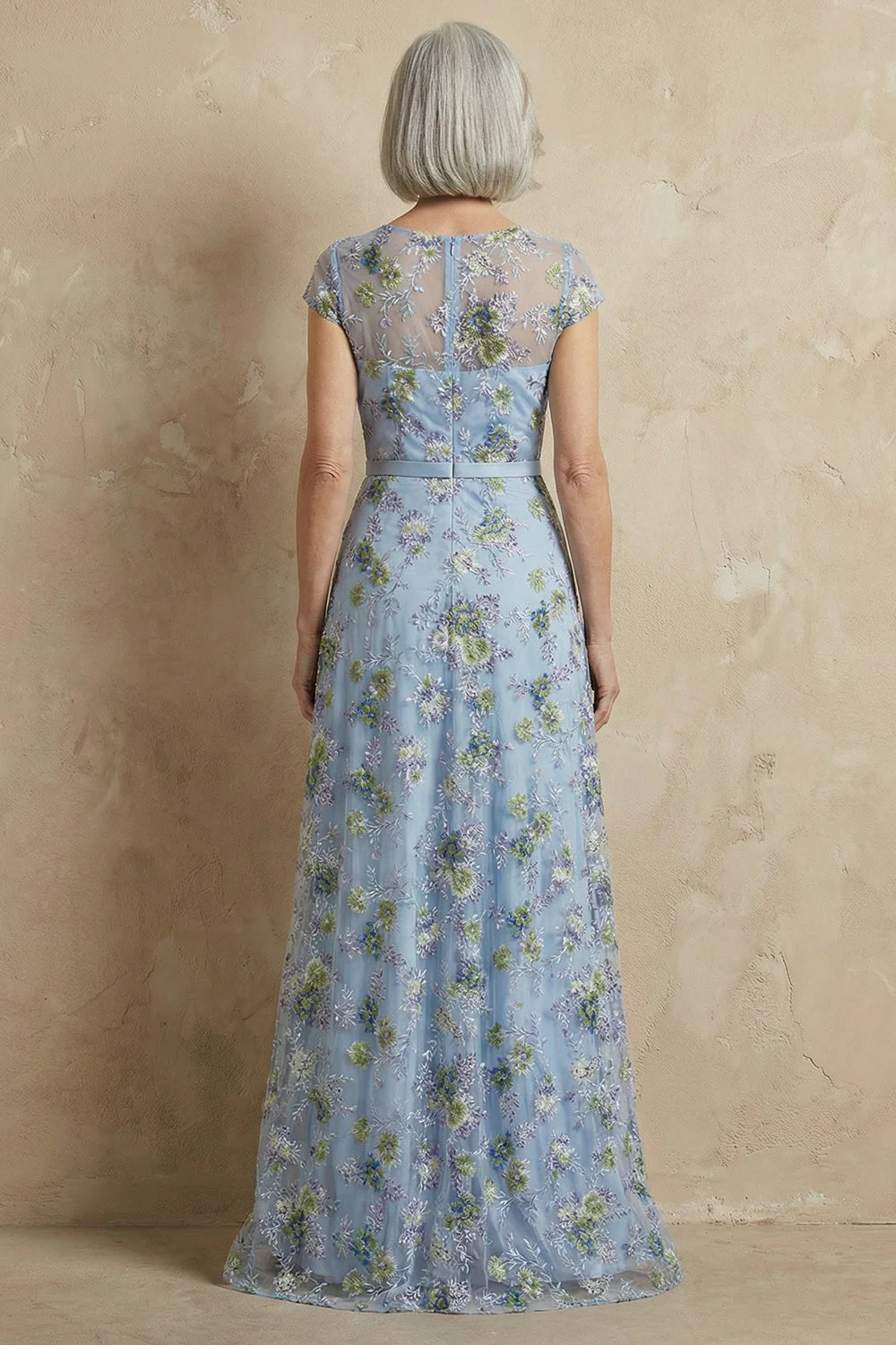 Blue Embroidered A-Line Cap Sleeves Long Mother of the Bride Dress - Image 3