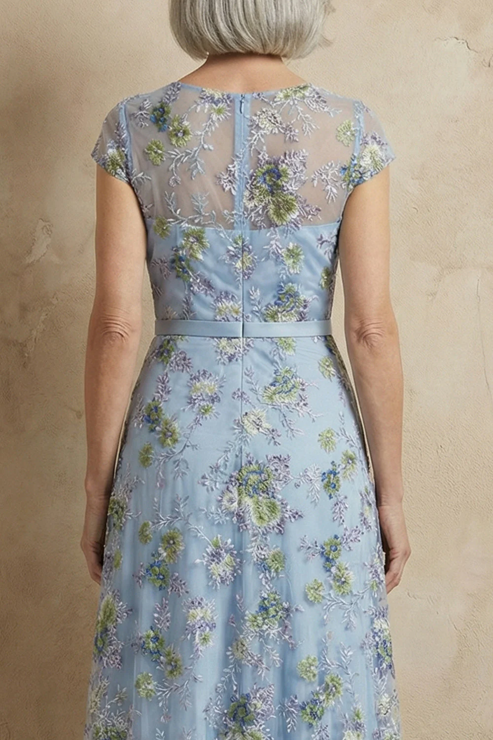Blue Embroidered A-Line Cap Sleeves Long Mother of the Bride Dress - Image 5