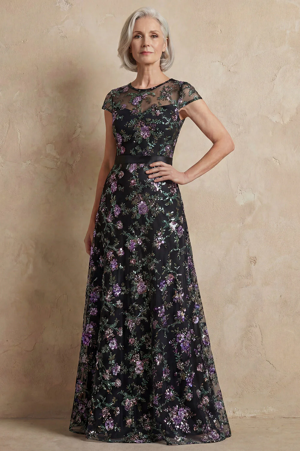 Blue Embroidered A-Line Cap Sleeves Long Mother of the Bride Dress - Image 6
