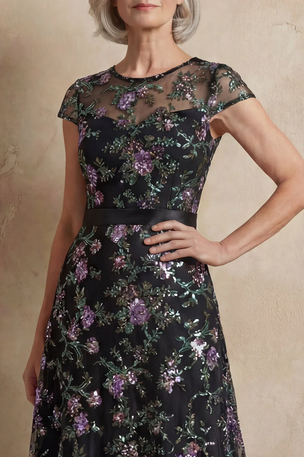 Blue Embroidered A-Line Cap Sleeves Long Mother of the Bride Dress - Image 8