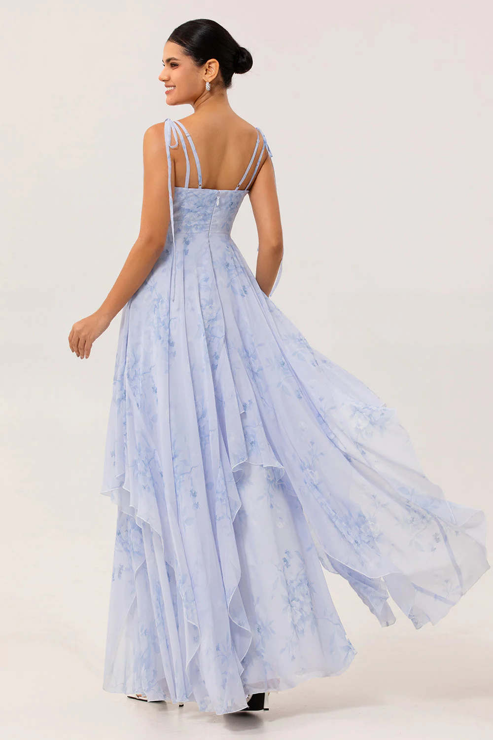 Blue Floral A Line Chiffon Long Bridesmaid Dress with Ruffles - Image 2