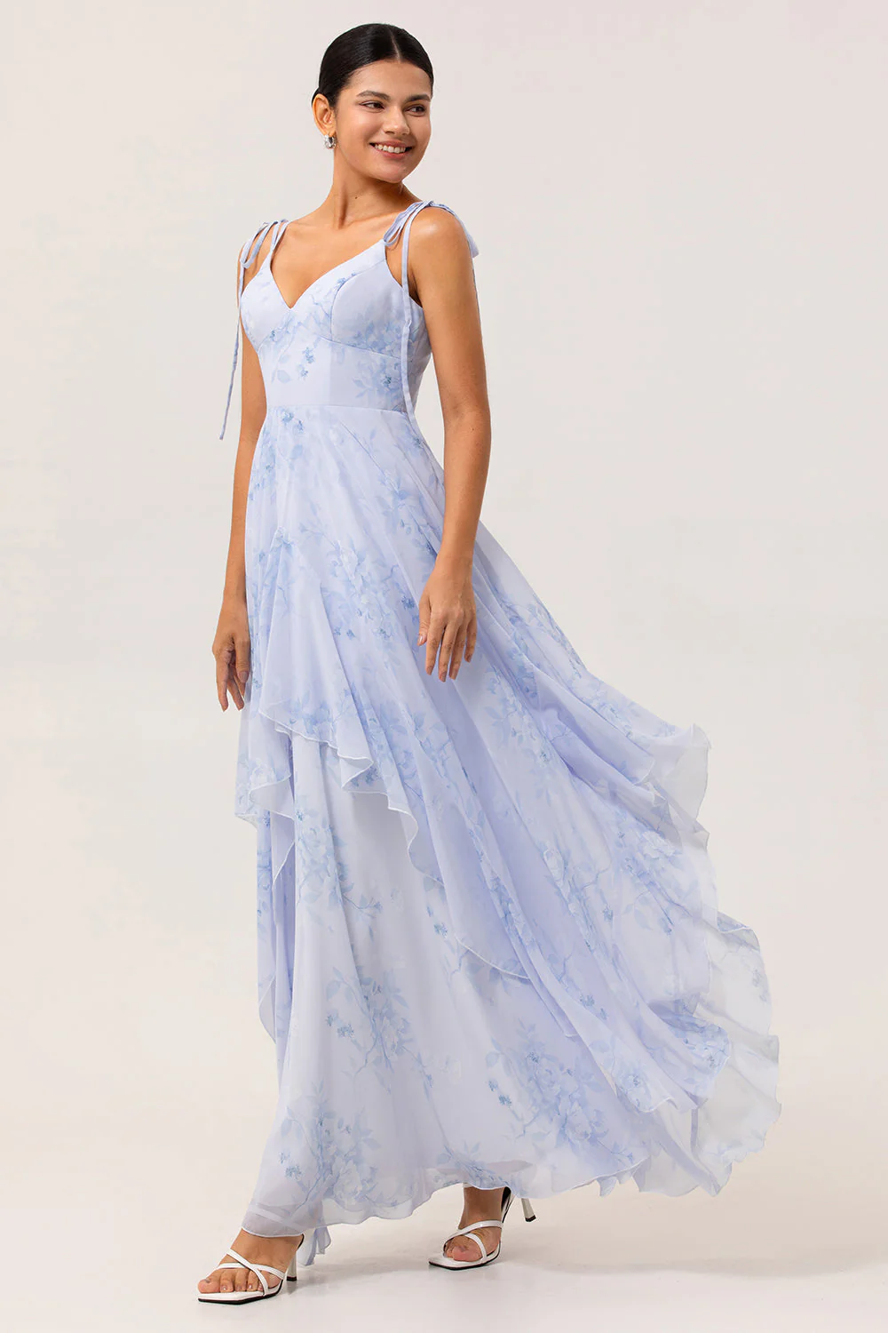 Blue Floral A Line Chiffon Long Bridesmaid Dress with Ruffles - Image 3