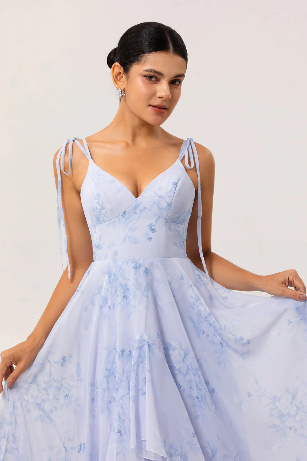 Blue Floral A Line Chiffon Long Bridesmaid Dress with Ruffles - Image 4
