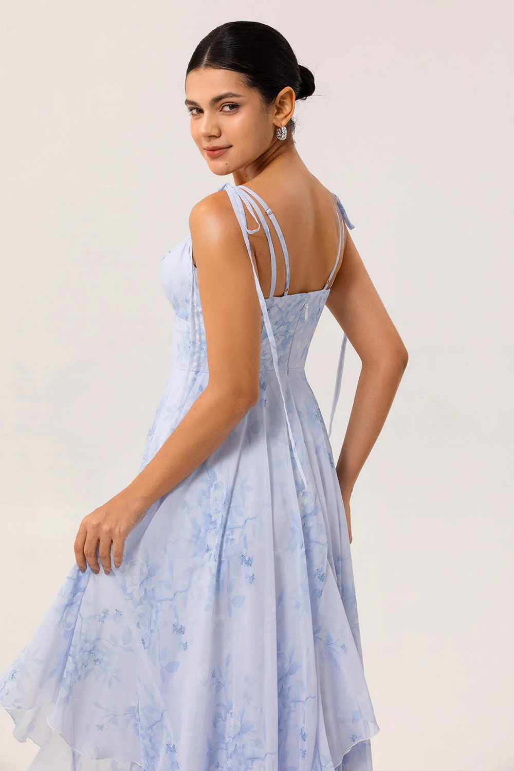 Blue Floral A Line Chiffon Long Bridesmaid Dress with Ruffles - Image 6