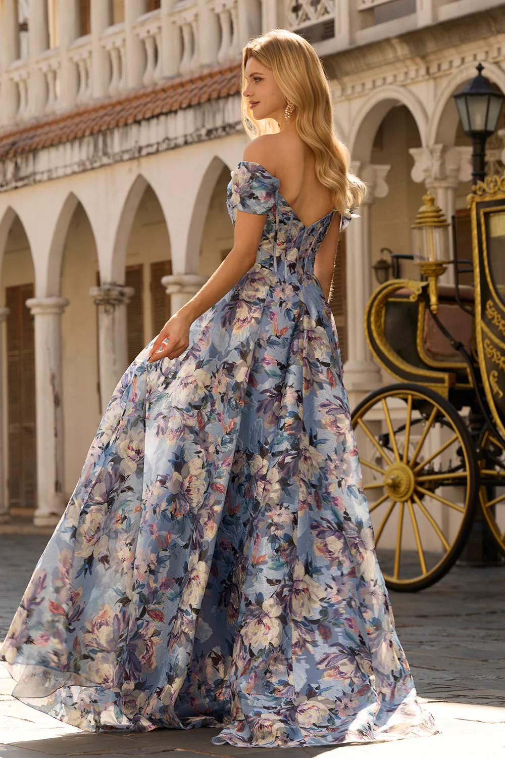 Blue Floral A-Line Off The Shoulder Corset Long Prom Dress with Slit - Image 6