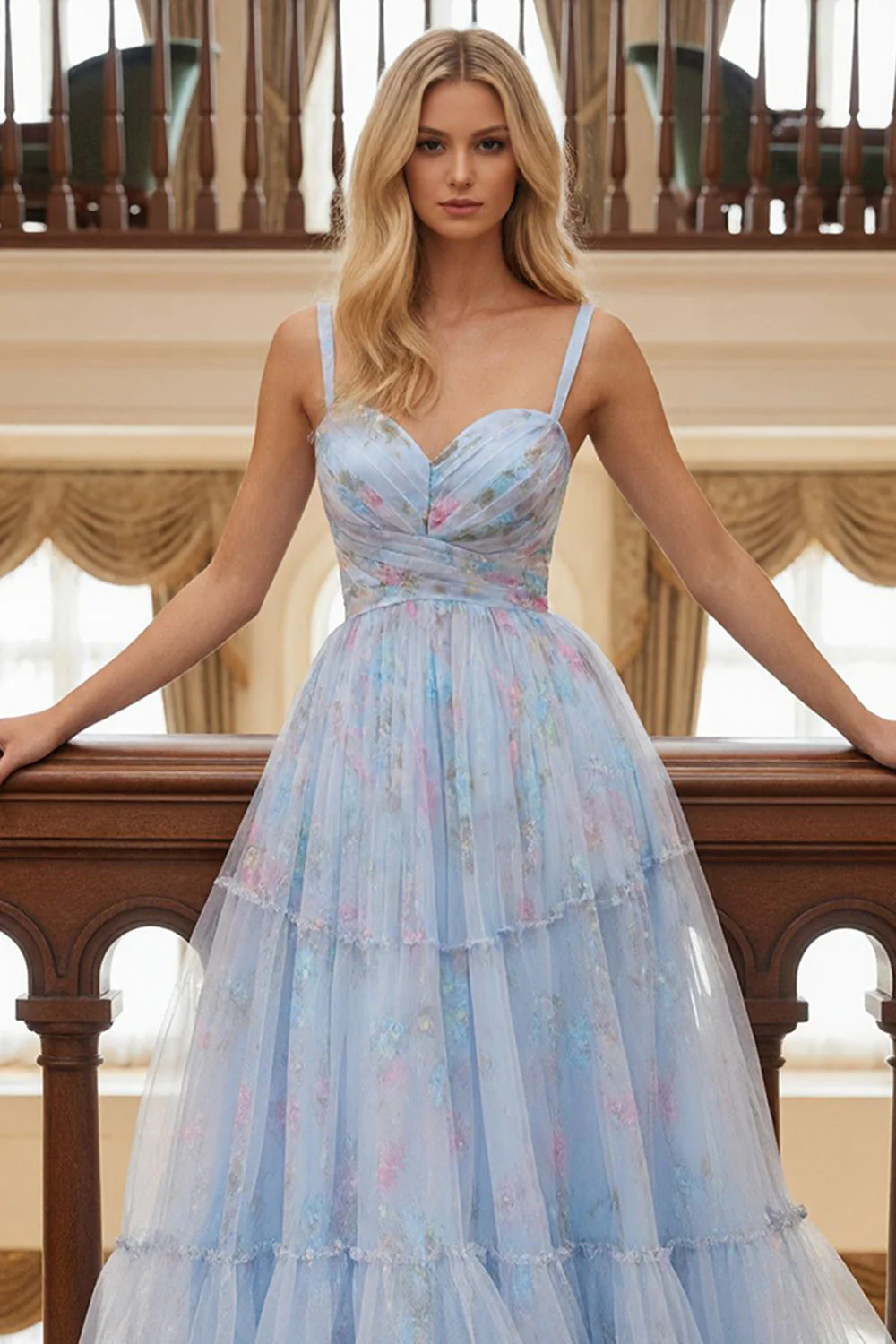 Blue Floral A Line Spaghetti Straps Long Prom Dress - Image 3