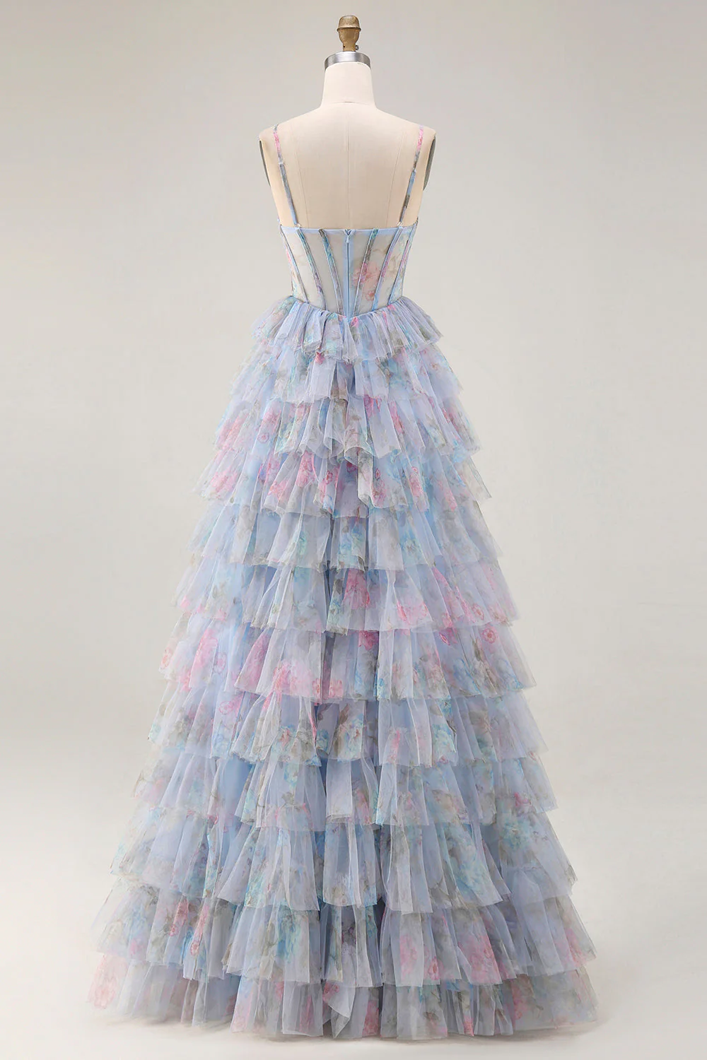 Blue Floral A-Line Tiered Ruffle Corset Long Prom Dress with Slit - Image 2