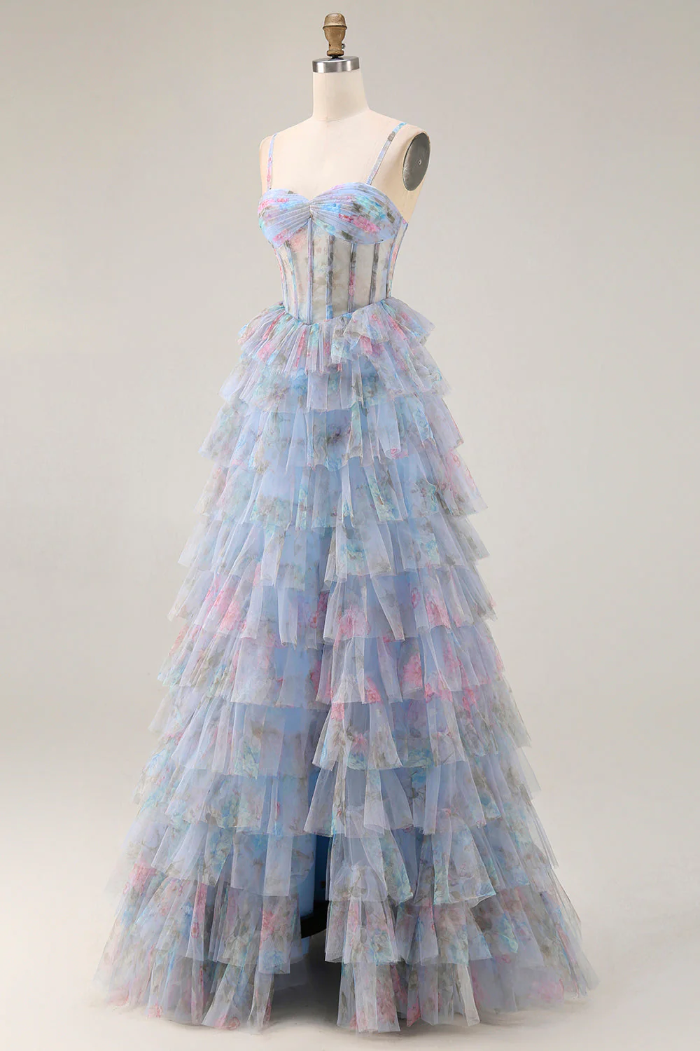 Blue Floral A-Line Tiered Ruffle Corset Long Prom Dress with Slit - Image 3