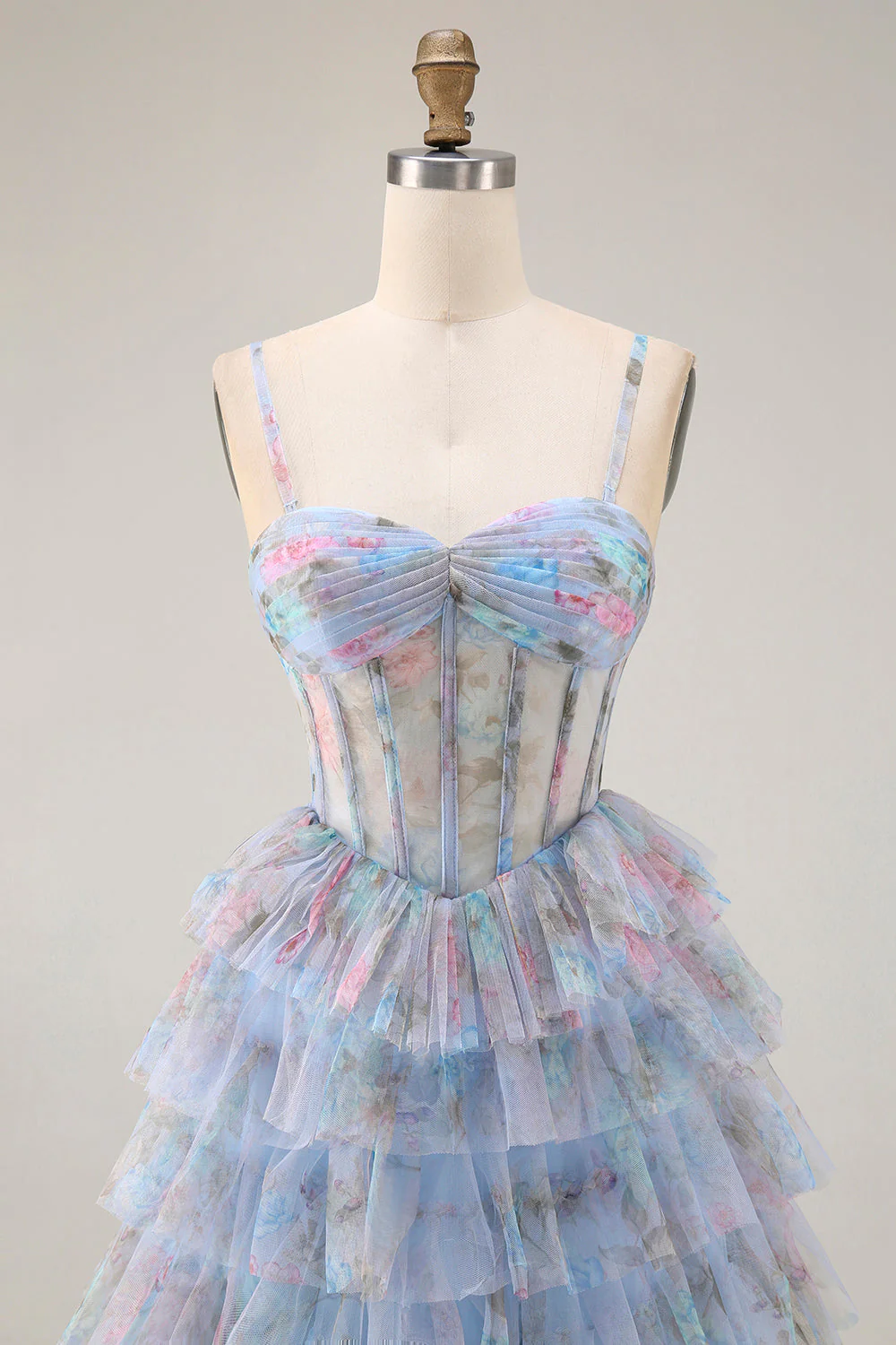 Blue Floral A-Line Tiered Ruffle Corset Long Prom Dress with Slit - Image 4