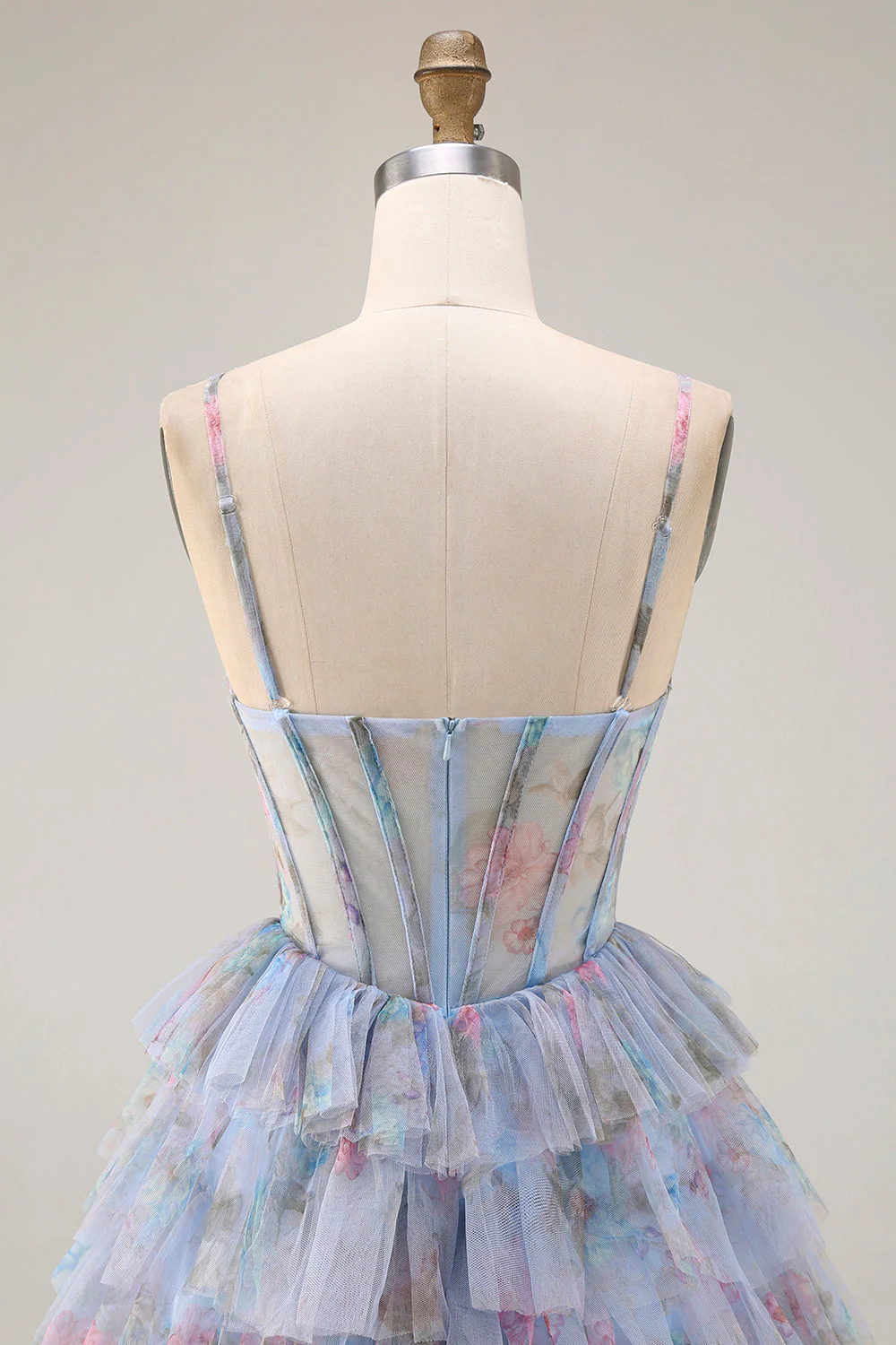 Blue Floral A-Line Tiered Ruffle Corset Long Prom Dress with Slit - Image 5