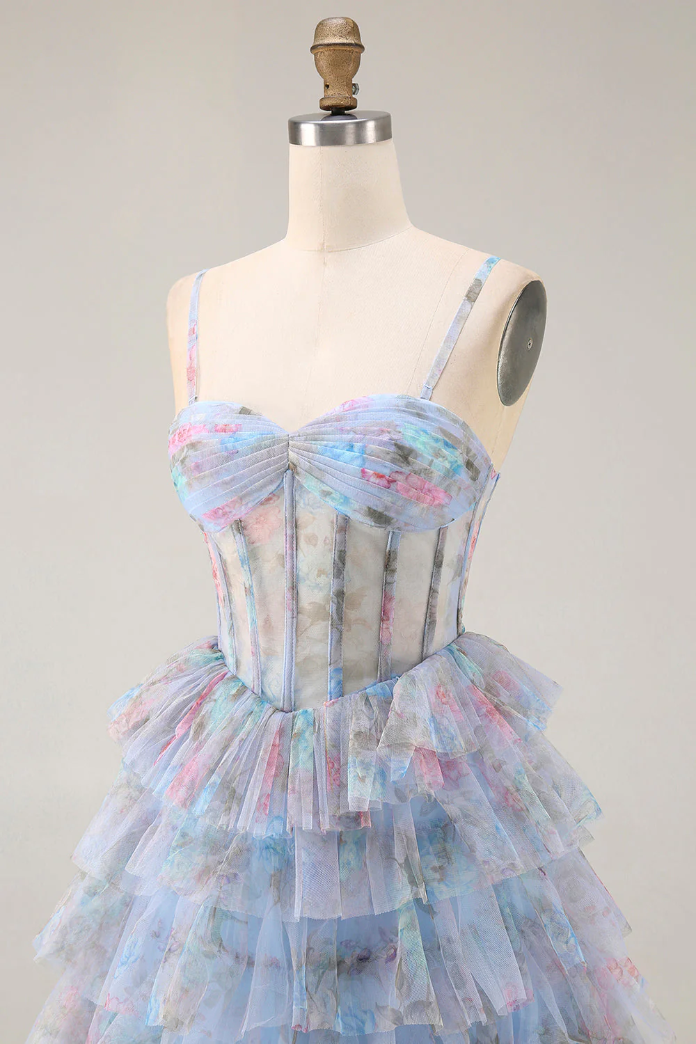 Blue Floral A-Line Tiered Ruffle Corset Long Prom Dress with Slit - Image 6