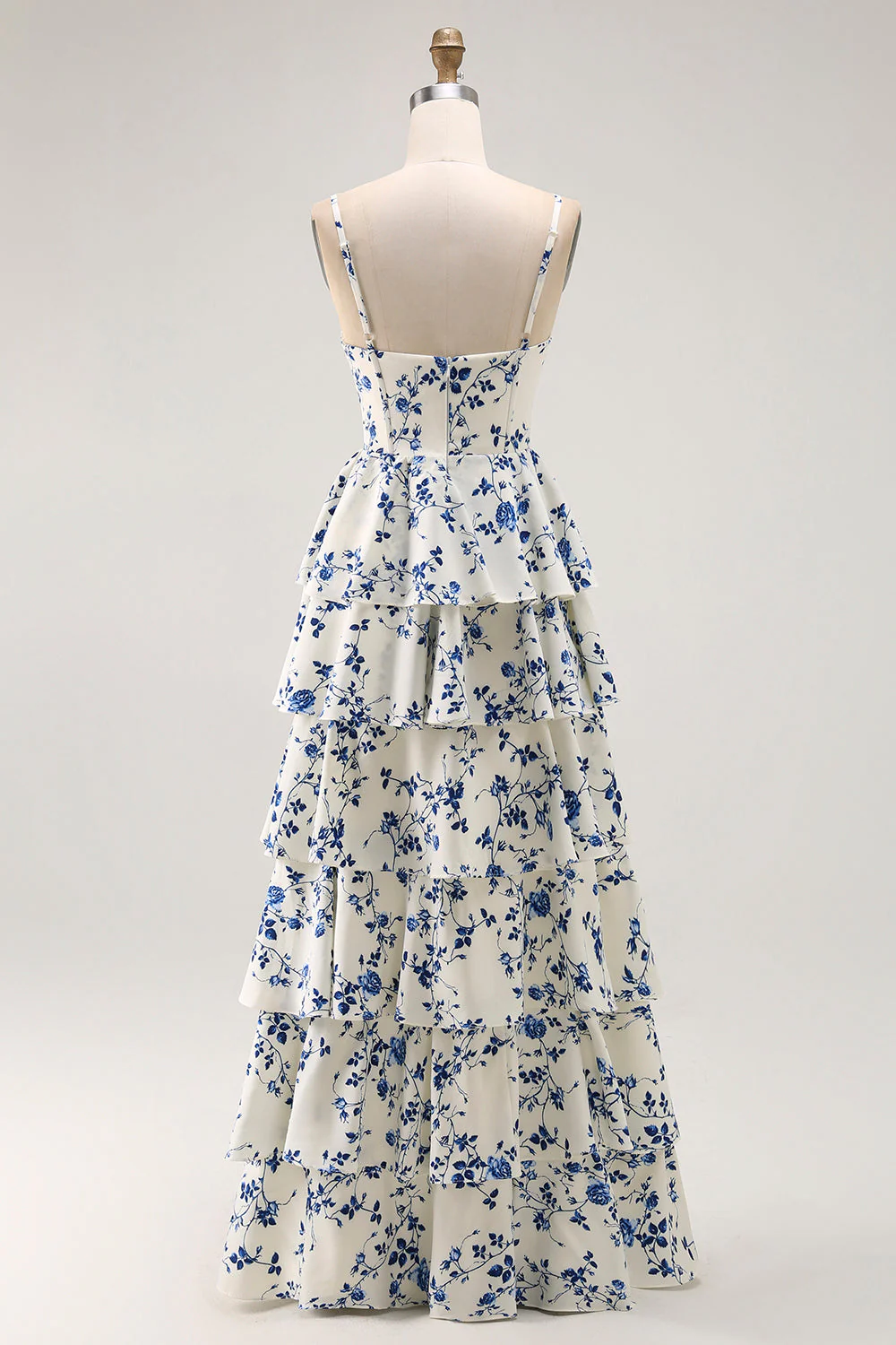 Blue Floral A Line Tiered Ruffled Long  Prom Dress with Slit - Image 2