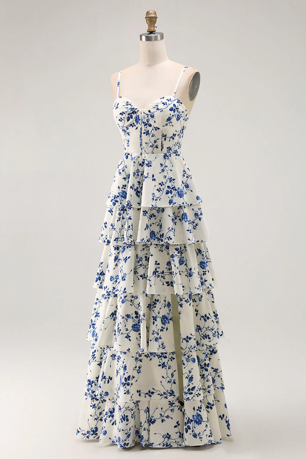 Blue Floral A Line Tiered Ruffled Long  Prom Dress with Slit - Image 3