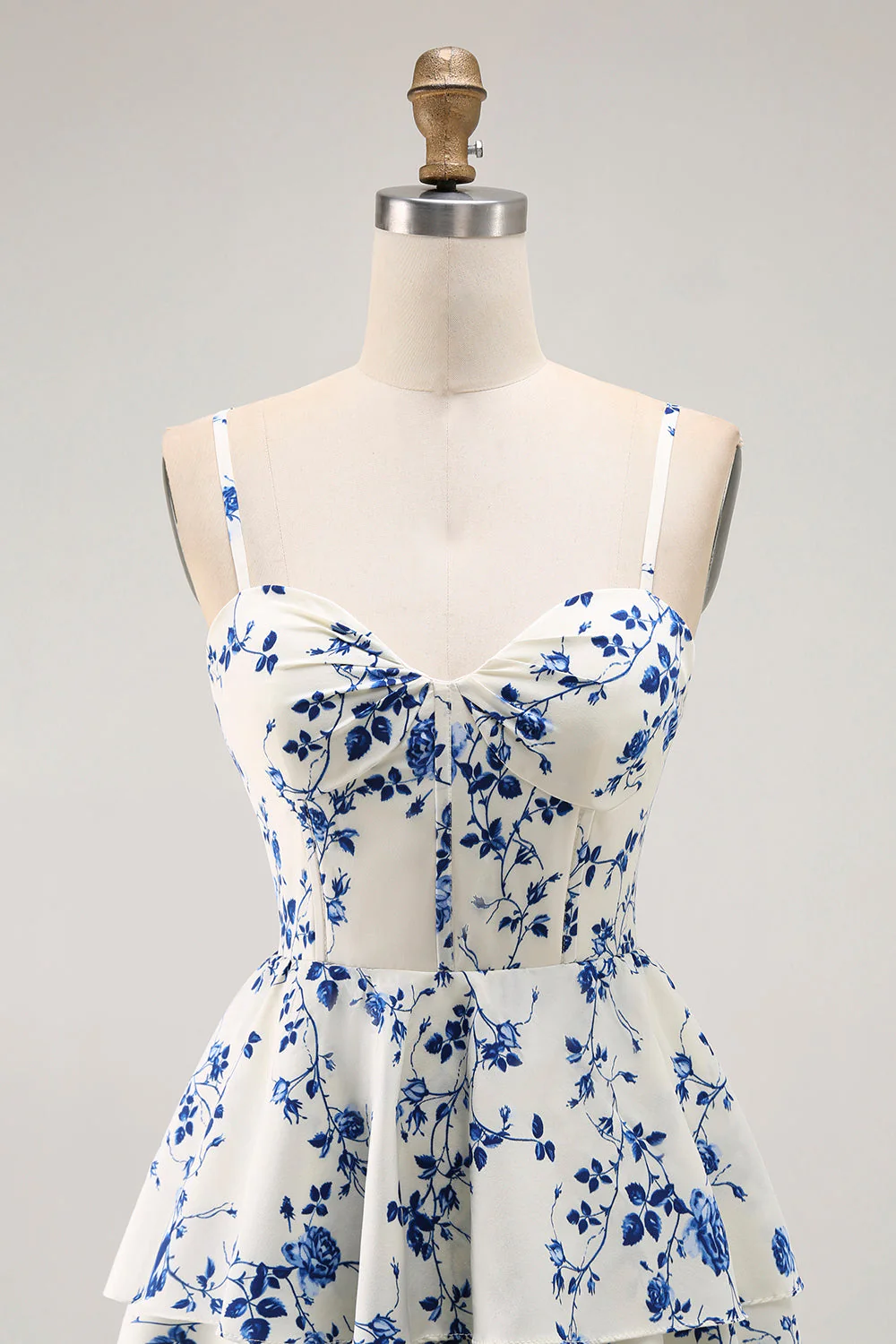 Blue Floral A Line Tiered Ruffled Long  Prom Dress with Slit - Image 4