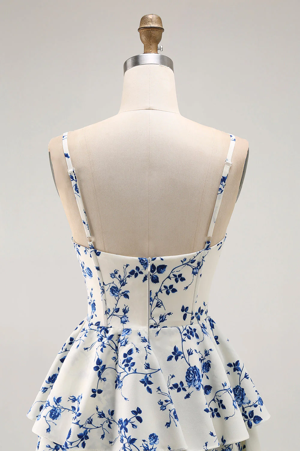 Blue Floral A Line Tiered Ruffled Long  Prom Dress with Slit - Image 5