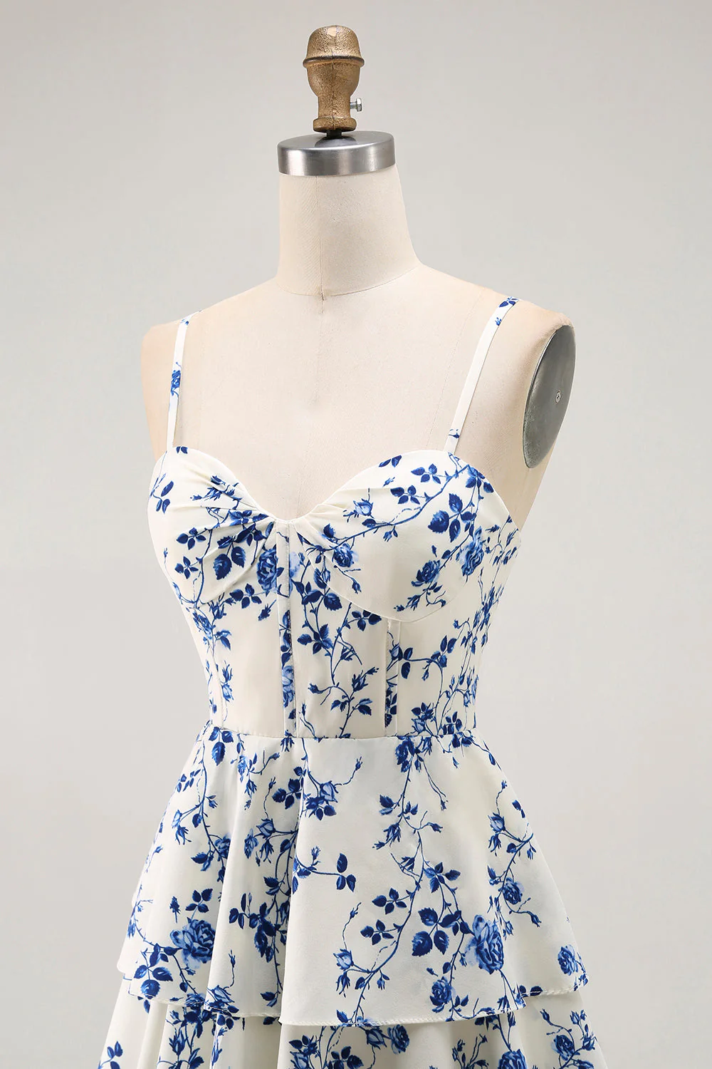 Blue Floral A Line Tiered Ruffled Long  Prom Dress with Slit - Image 6