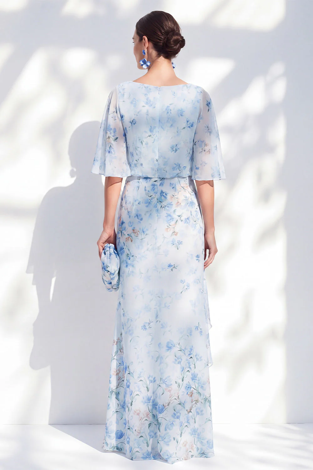 Blue Floral Bateau Neck Chiffon Sheath Long Mother Of the Bride Dress with Half Sleeves - Image 2