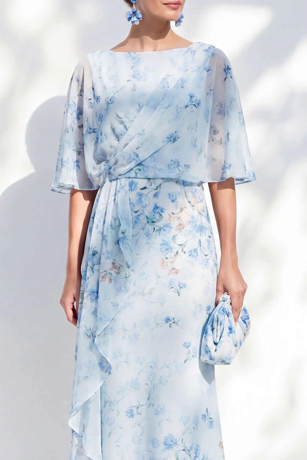 Blue Floral Bateau Neck Chiffon Sheath Long Mother Of the Bride Dress with Half Sleeves - Image 3