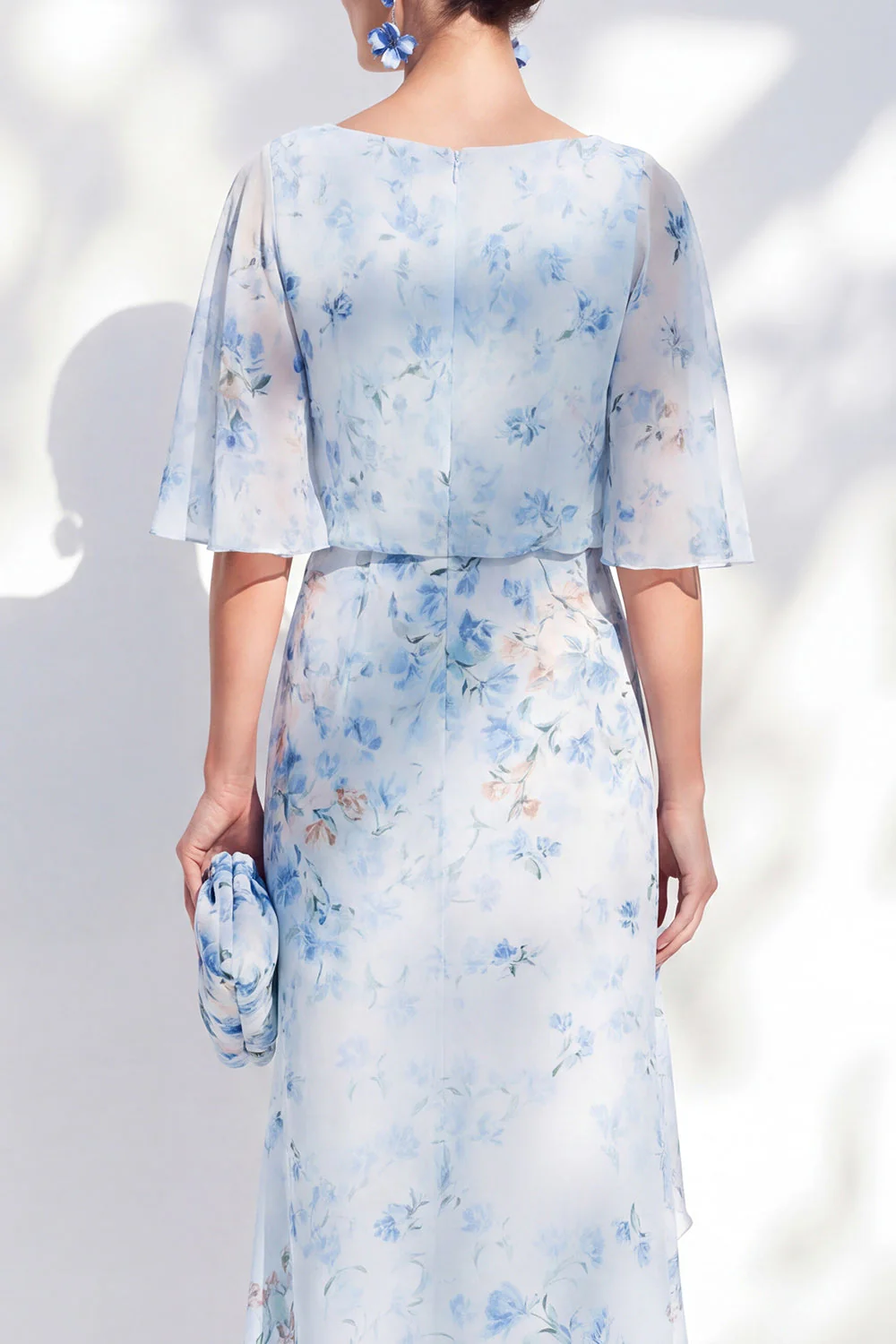 Blue Floral Bateau Neck Chiffon Sheath Long Mother Of the Bride Dress with Half Sleeves - Image 4