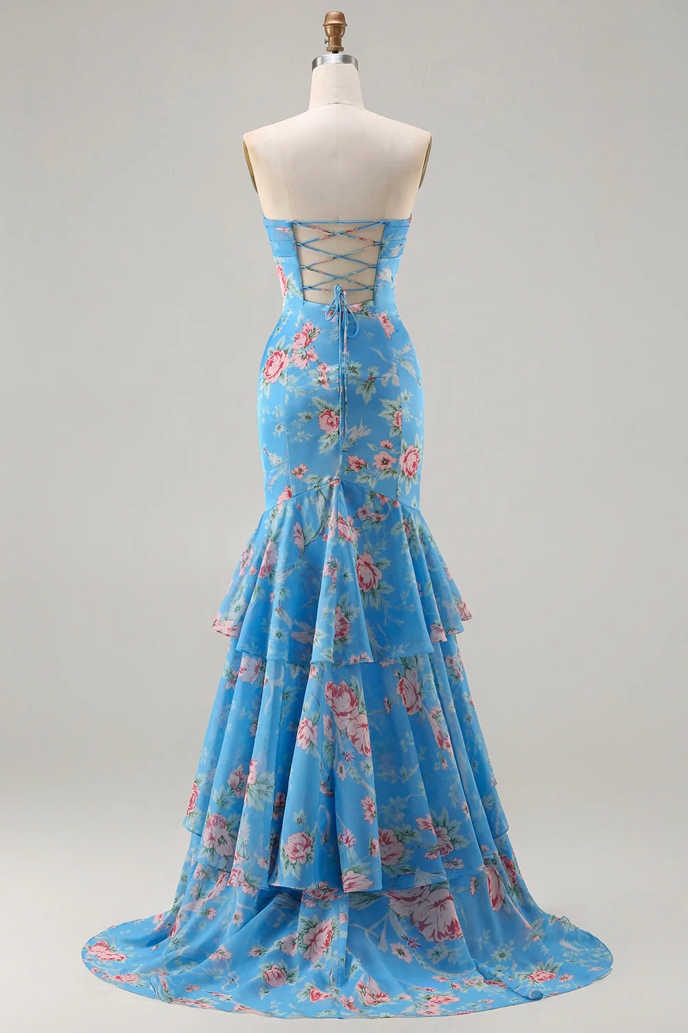 Blue Floral Mermaid Sweetheart Ruffled Long Prom Dress with Slit - Image 2