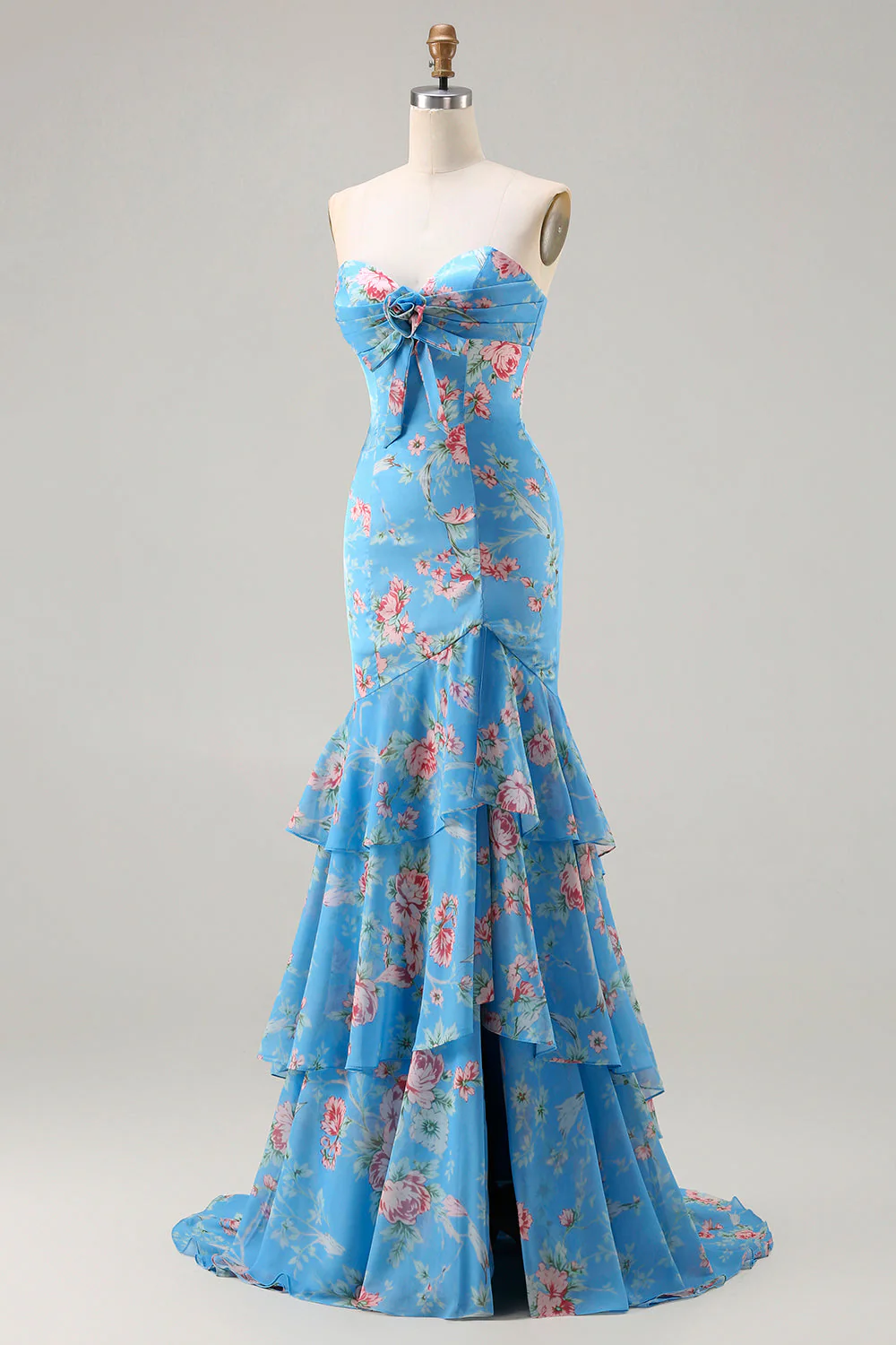 Blue Floral Mermaid Sweetheart Ruffled Long Prom Dress with Slit - Image 3