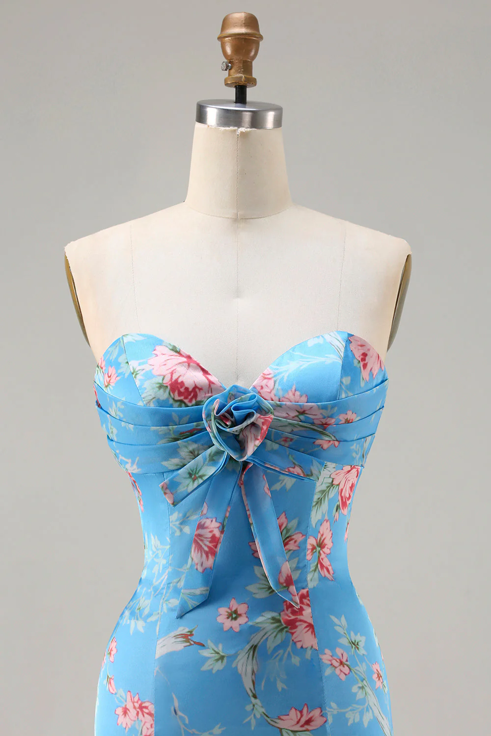 Blue Floral Mermaid Sweetheart Ruffled Long Prom Dress with Slit - Image 4
