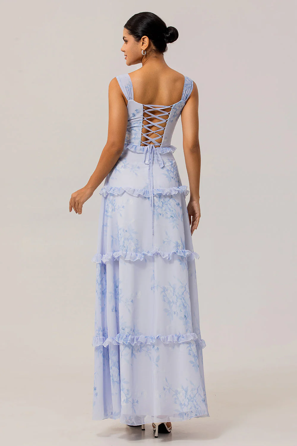 Blue Floral Ruffled A Line Corset Long Wedding Guest Dress - Image 2