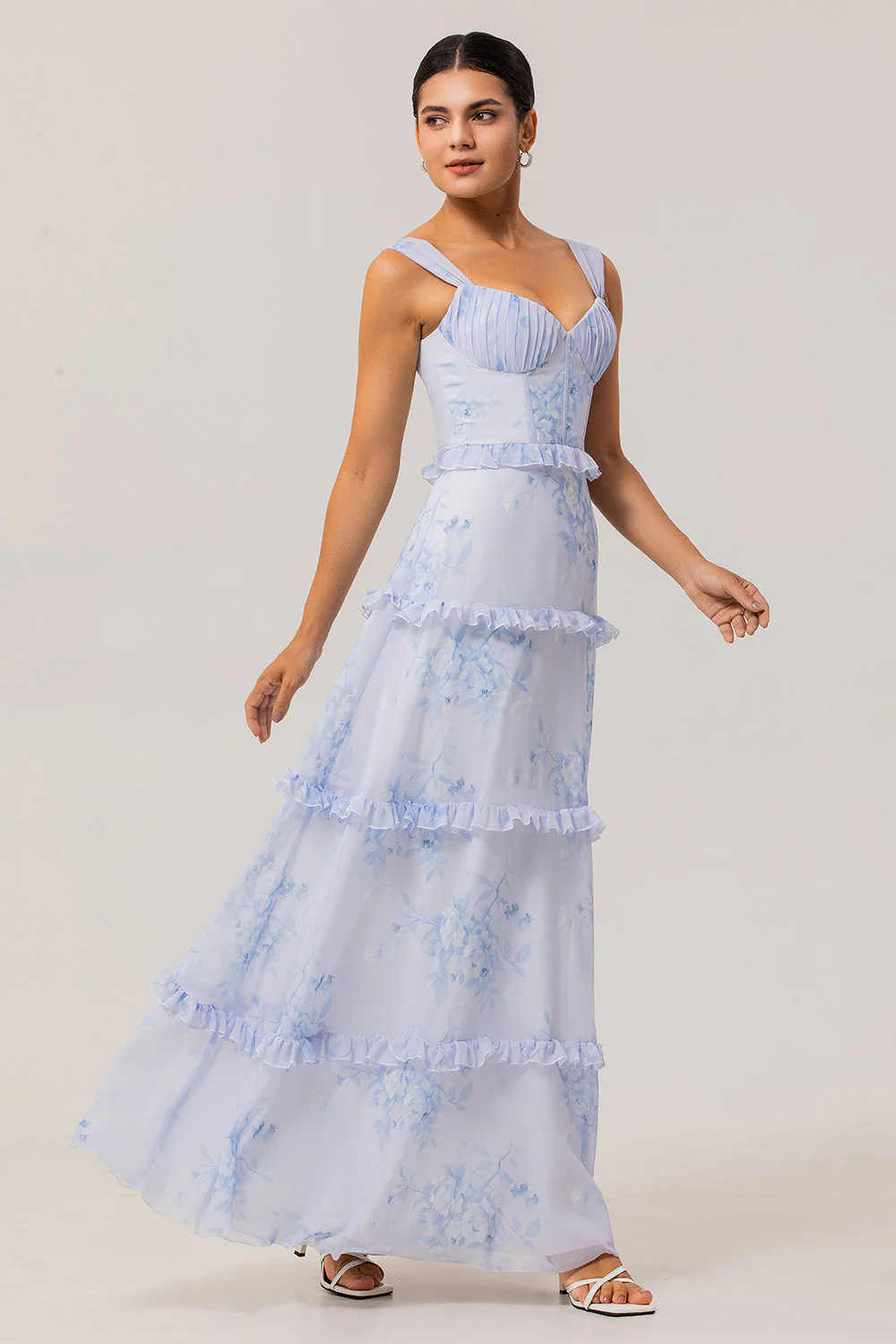 Blue Floral Ruffled A Line Corset Long Wedding Guest Dress - Image 3