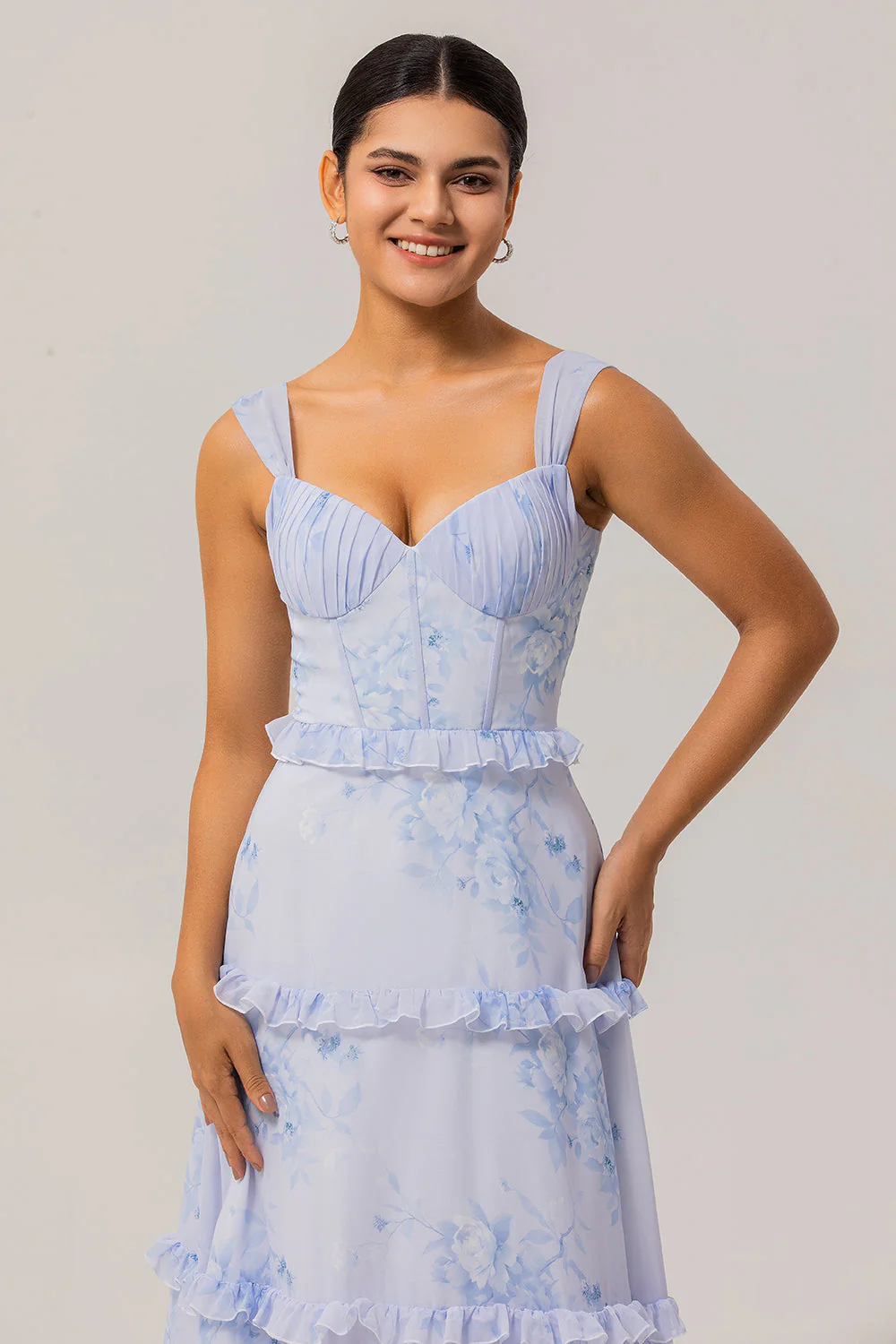 Blue Floral Ruffled A Line Corset Long Wedding Guest Dress - Image 4