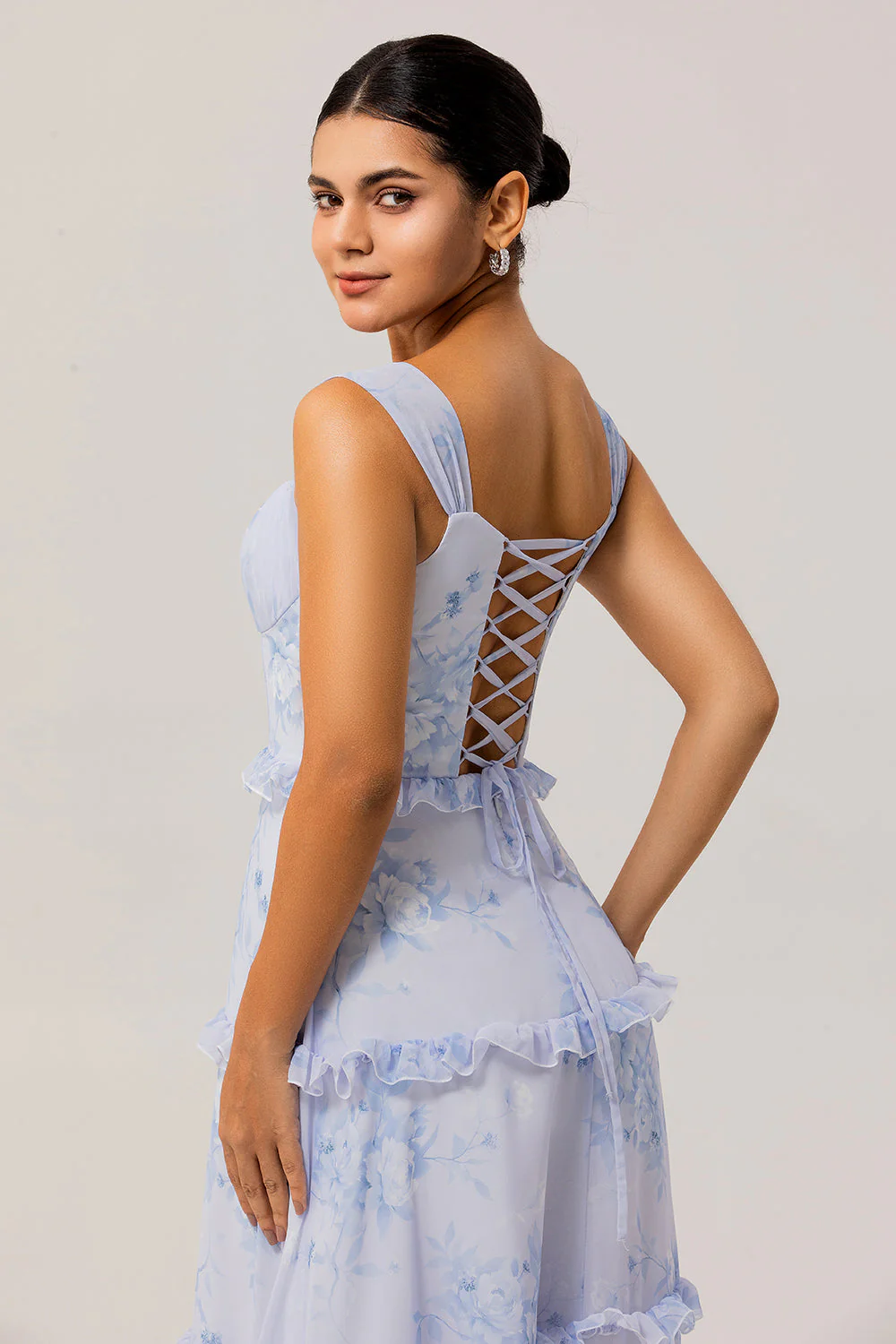 Blue Floral Ruffled A Line Corset Long Wedding Guest Dress - Image 5