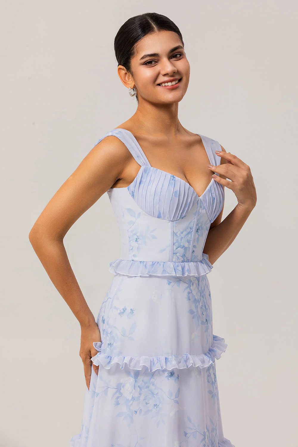 Blue Floral Ruffled A Line Corset Long Wedding Guest Dress - Image 6