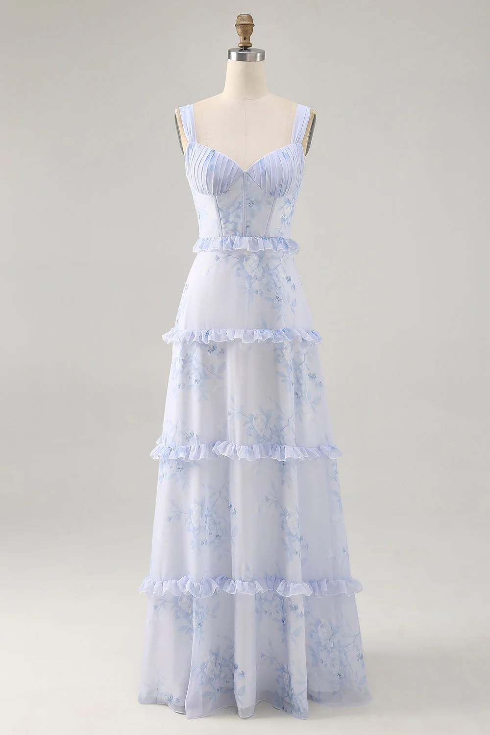 Blue Floral Ruffled A Line Corset Long Wedding Guest Dress - Image 7
