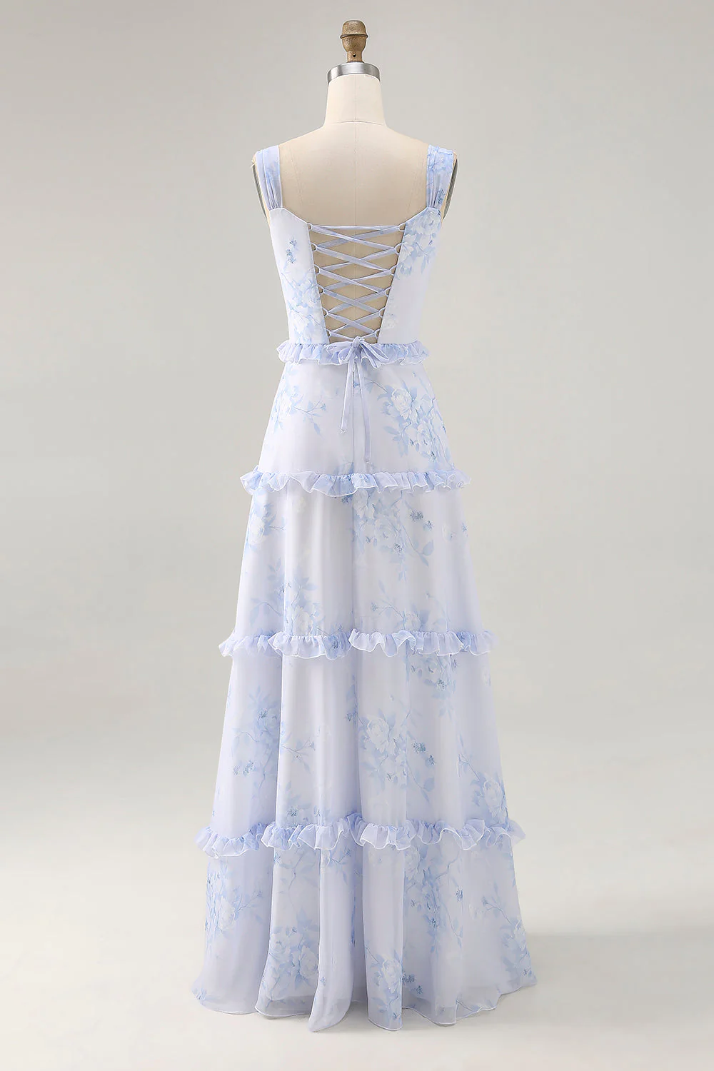 Blue Floral Ruffled A Line Corset Long Wedding Guest Dress - Image 8